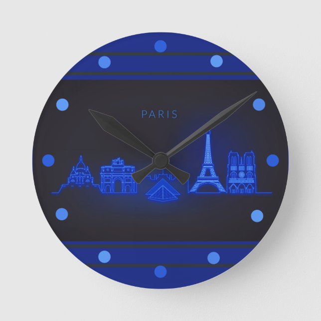 Paris Skline Neon Blue Look Cityscape  Wall Round Clock (Front)