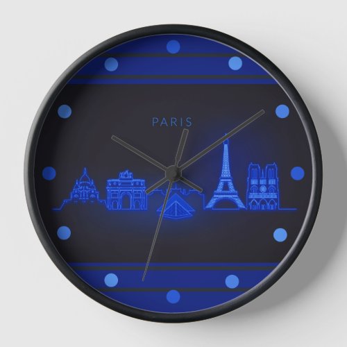 Paris Skline Neon Blue Look Cityscape  Wall Round  Clock
