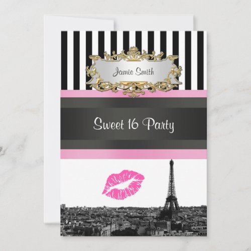 Paris Skyline BW Stripe H Pink Kiss Sweet 16 Party Invitation