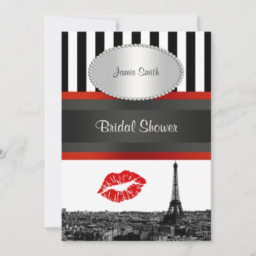 Paris Skyline BW Stripe Red Kiss PV Bridal Shower Personalized Invitation