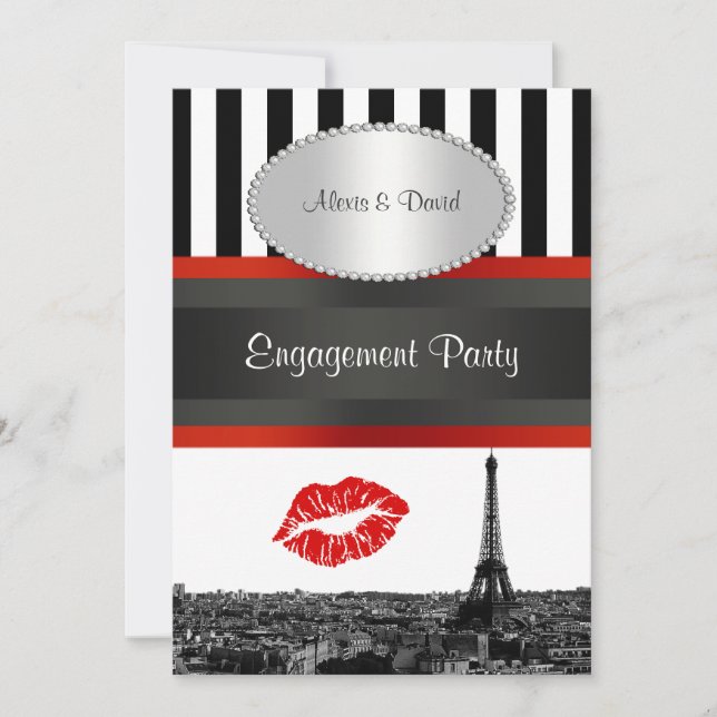 Paris Skyline BW Stripe Red Kiss PV Engagement Invitation (Front)
