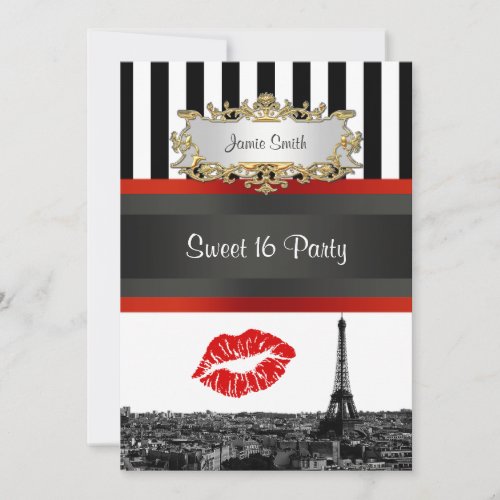 Paris Skyline BW Stripe Red Kiss Sweet 16 Party Custom Invites