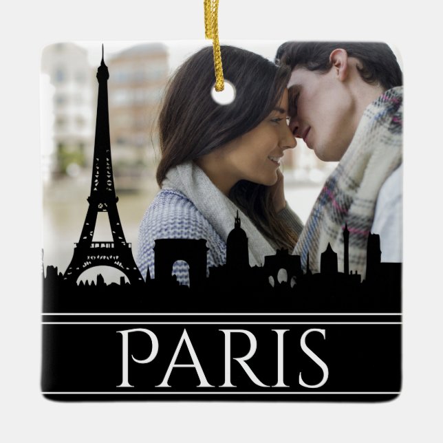 Paris Skyline Eiffel Tower Couples' Christmas Ceramic Ornament (Front)