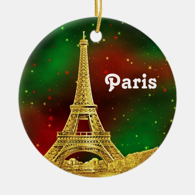 Paris Skyline Etched, Green Red Starry Sky Xmas Ceramic Ornament (Front)