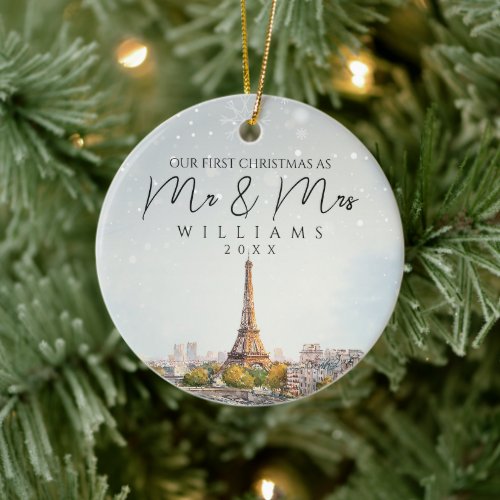 Paris Skyline First Christmas As Mr & Mrs Photo Ceramic Ornament