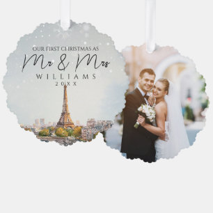 Paris Skyline First Christmas As Mr & Mrs Photo Ornament Card