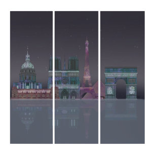 Paris Skyline Night Reflections Triptych