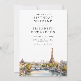Paris Skyline Watercolor Birthday Weekend Invitation