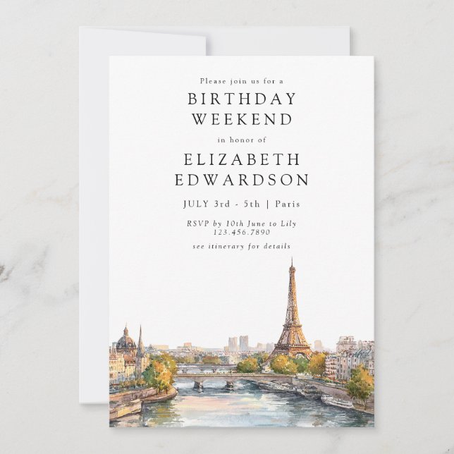 Paris Skyline Watercolor Birthday Weekend Invitation (Front)