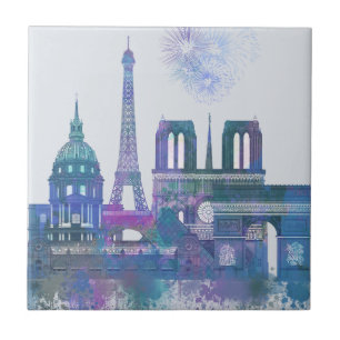 Paris Skyline - Watercolor Blue Ceramic Tile