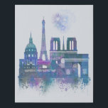 Paris Skyline - Watercolor Blue Faux Canvas Print<br><div class="desc">Paris Skyline Watercolour Splash Blue by Fab Funky. Features famous landmarks of Paris in a watercolor style.</div>