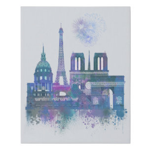Paris Skyline - Watercolor Blue Faux Canvas Print