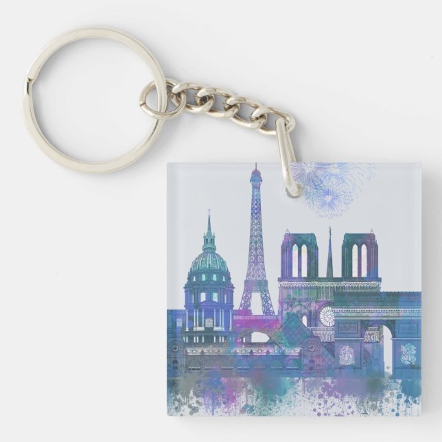Paris Skyline - Watercolor Blue Keychain (Front)