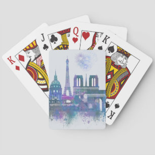 Paris Skyline - Watercolor Blue Poker Cards