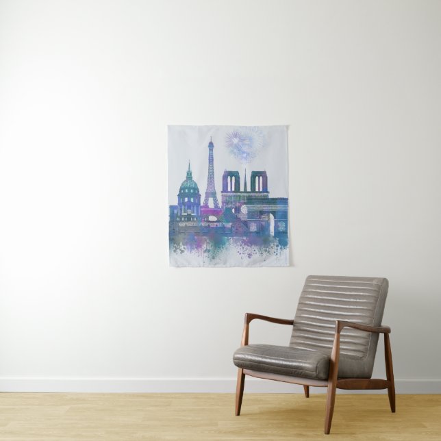 Paris Skyline - Watercolor Blue Tapestry (In Situ)