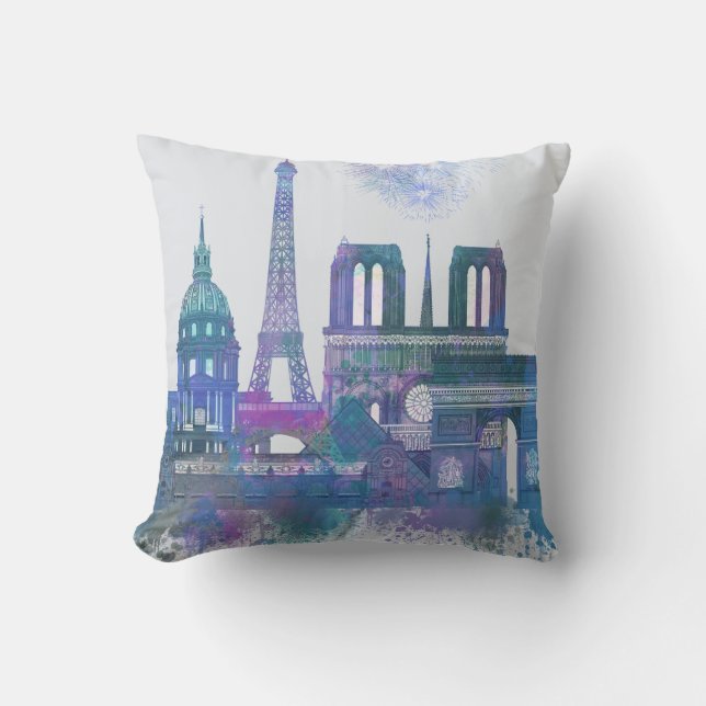 Paris Skyline - Watercolor Blue Throw Pillow (Front)