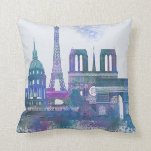 Paris Skyline - Watercolor Blue Throw Pillow