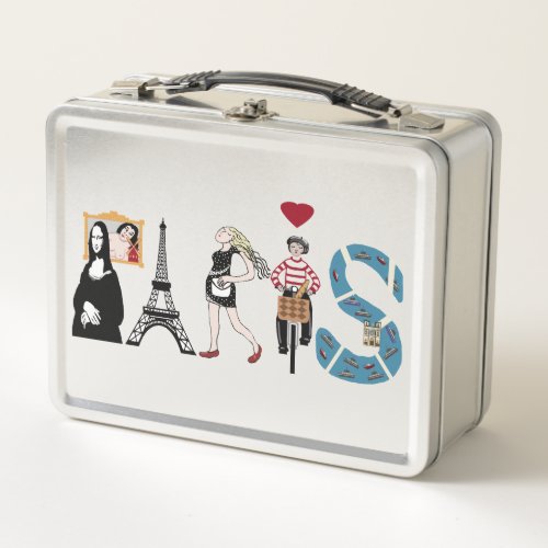 Paris spelled out in iconic images metal lunch box