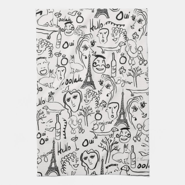 Paris Street Life Scene Kitchen Tea Towel (Vertical)