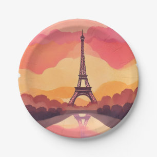 Paris Sunset Eiffel Tower France Watercolor Paper Plates