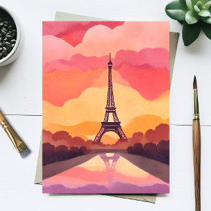 Paris Sunset Eiffel Tower France Watercolor Postcard