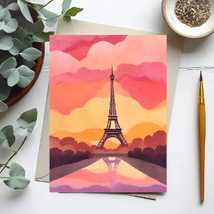 Paris Sunset Eiffel Tower France Watercolor Postcard