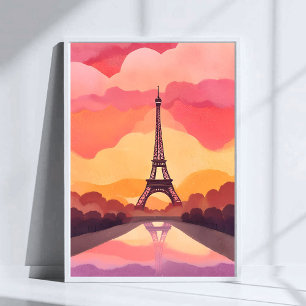 Paris Sunset Eiffel Tower France Watercolor Poster