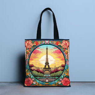 Paris Sunset Eiffel Tower French Floral Art Deco Tote Bag