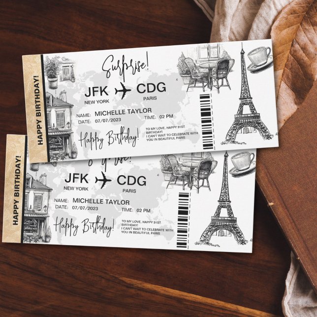  Paris Surprise Birthday Boarding Pass Ticket Invitation (paris themed doodles surprise boarding pass ticket)