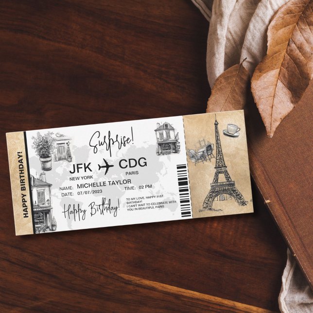  Paris Surprise Birthday Boarding Pass Ticket Invitation (CUTE DOODLE WHIMSICAL PARIS SURPRISE BOARDING PASS TICKET)
