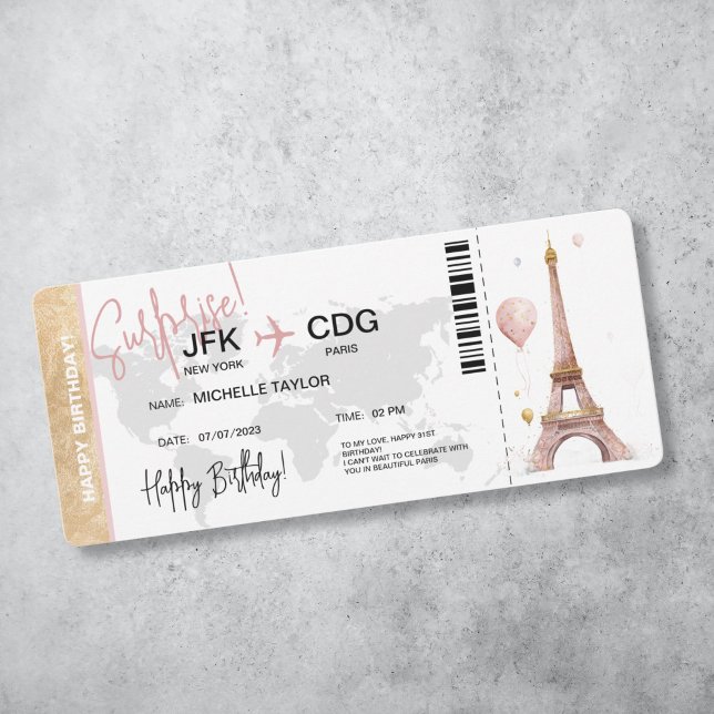  Paris Surprise Birthday Boarding Pass Ticket Invitation (tour eiffel with pink balloons, boarding pass surprise invitation)