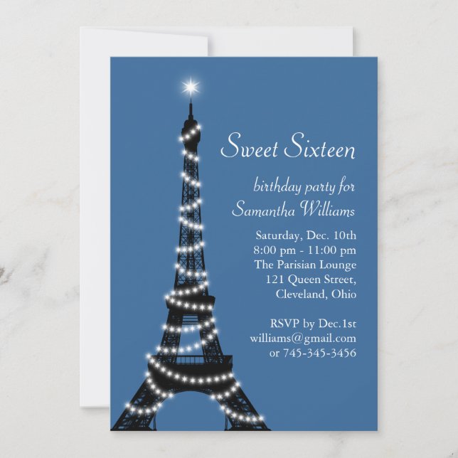 Paris Sweet 16 Invitation in blue (Front)