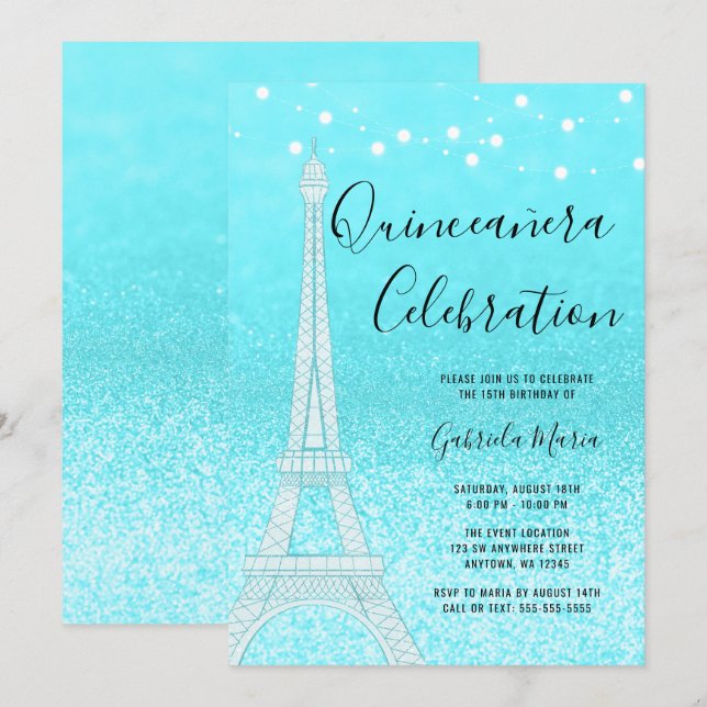 Paris Teal Blue Glitter Lights Quinceañera Invitation (Front/Back)