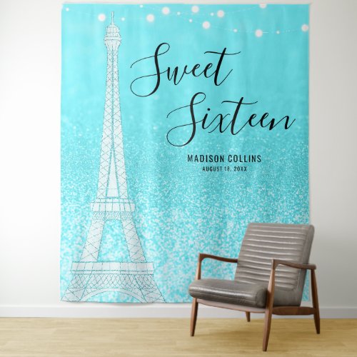 Paris Teal Blue Glitter Lights Sweet 16 Backdrop