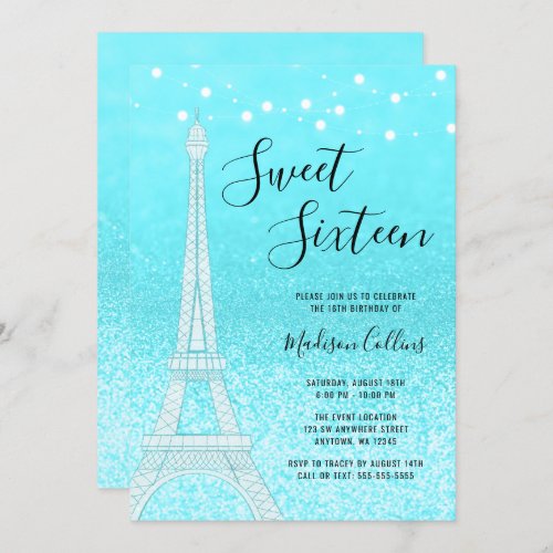 Paris Teal Blue Glitter Lights Sweet 16 Invitation