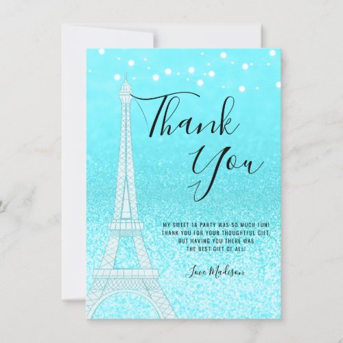 Paris Teal Blue Glitter Lights Sweet 16 Thank You Card