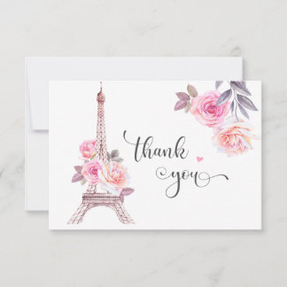 Paris Thank You Card, Floral Eiffel Tower  Card