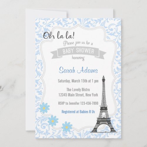 Paris Theme Baby Shower Invitation Blue