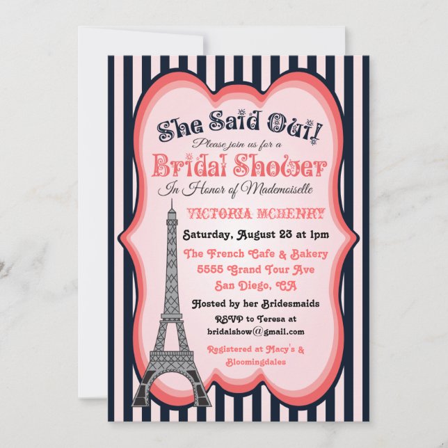 Paris theme Bridal Shower Invitations (Front)