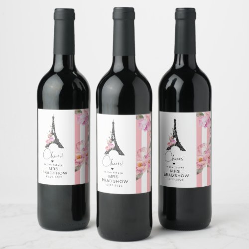 Paris theme eiffel tower pink black bridal shower wine label