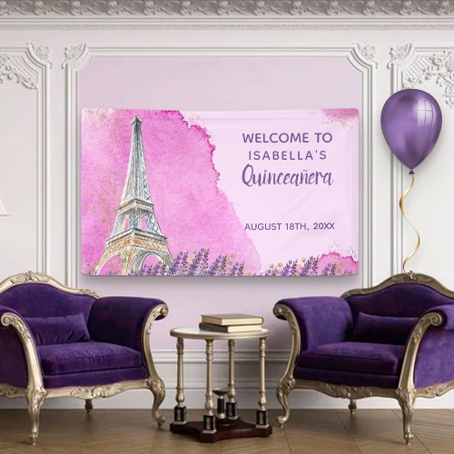 Paris Theme Eiffel Tower Pink Quinceanera Welcome Banner