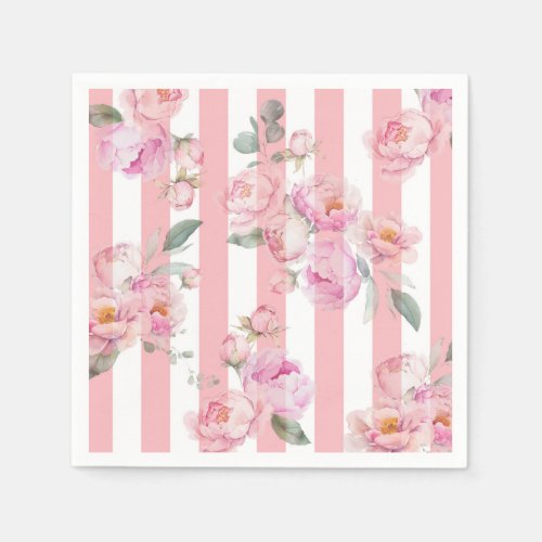 Paris theme pink stripes floral peony bridal napkins