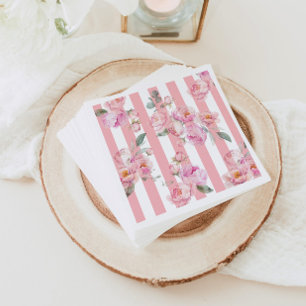 Paris theme pink stripes floral peony bridal napkins