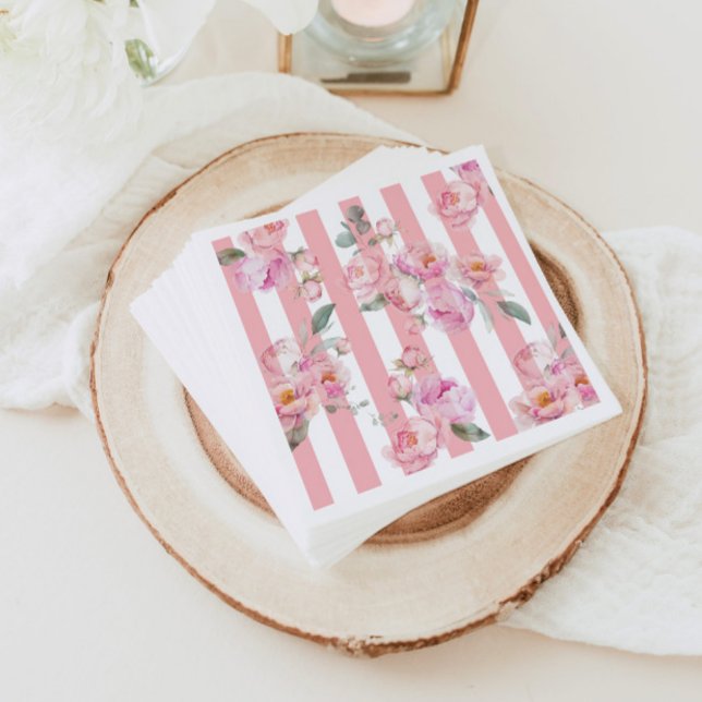 Paris theme pink stripes floral peony bridal napkins (Creator Uploaded)