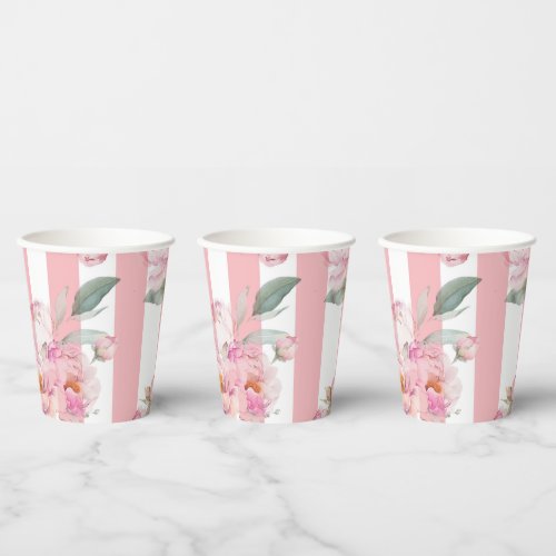 Paris theme pink stripes floral peony bridal paper cups