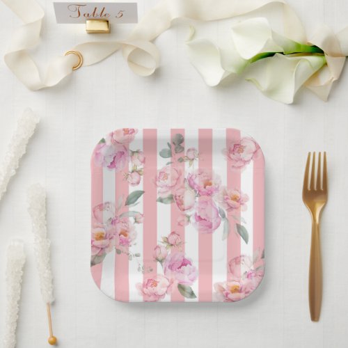 Paris theme pink stripes floral peony bridal paper plates