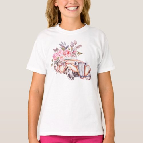 Paris themed Pink Watercolor Floral Vintage Car T_Shirt