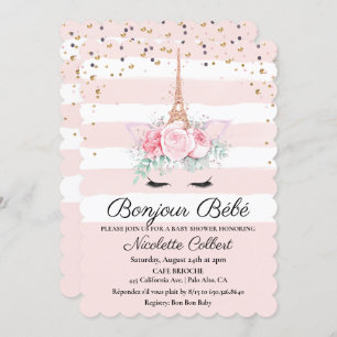 Paris Themed Unicorn Floral Baby Shower Invitation