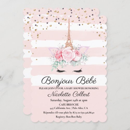 Paris Themed Unicorn Floral Baby Shower Invitation