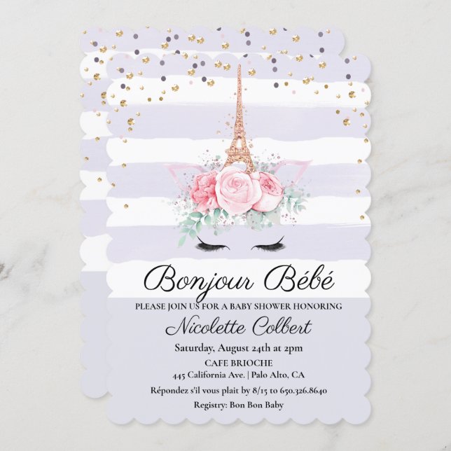 Paris Themed Unicorn Floral Baby Shower Invitation (Front/Back)